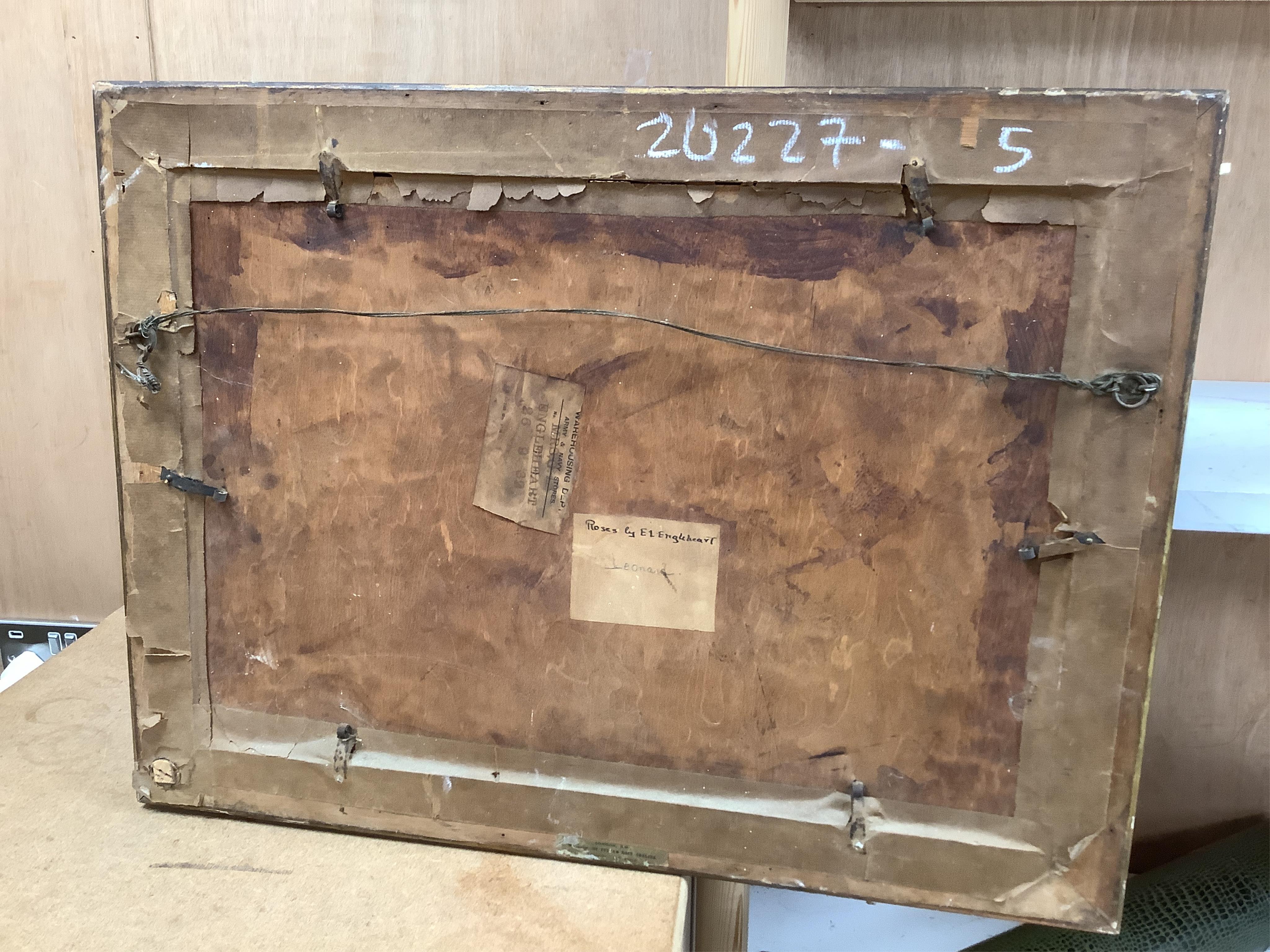 Evelyn Engleheart, Still life of flowers, signed, partial Army & Navy stores label verso, watercolour, 36 x 52cm